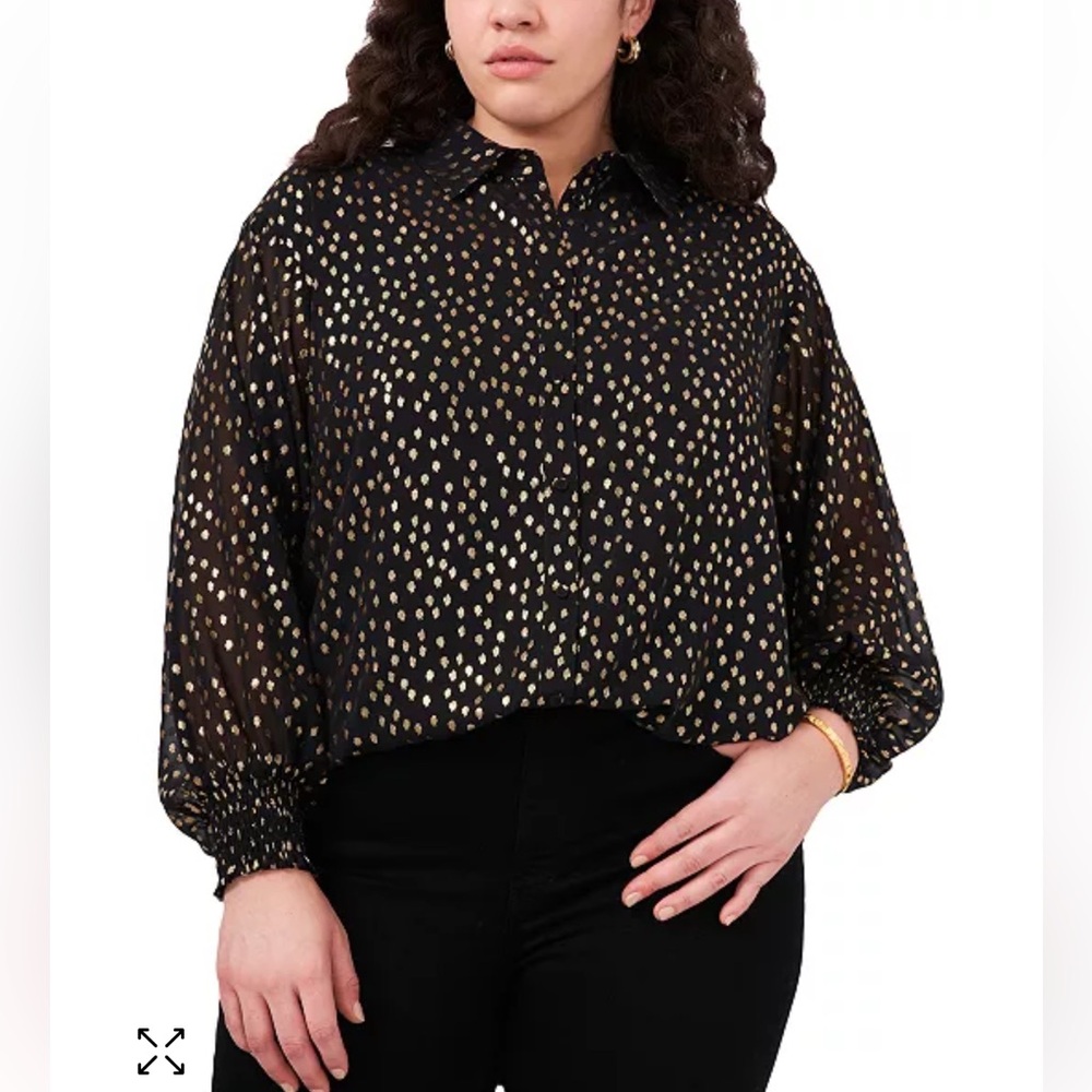 🦋 3/$9 Vince Camuto black Gold Foil Dot Blouse bell sleeves size small NWT